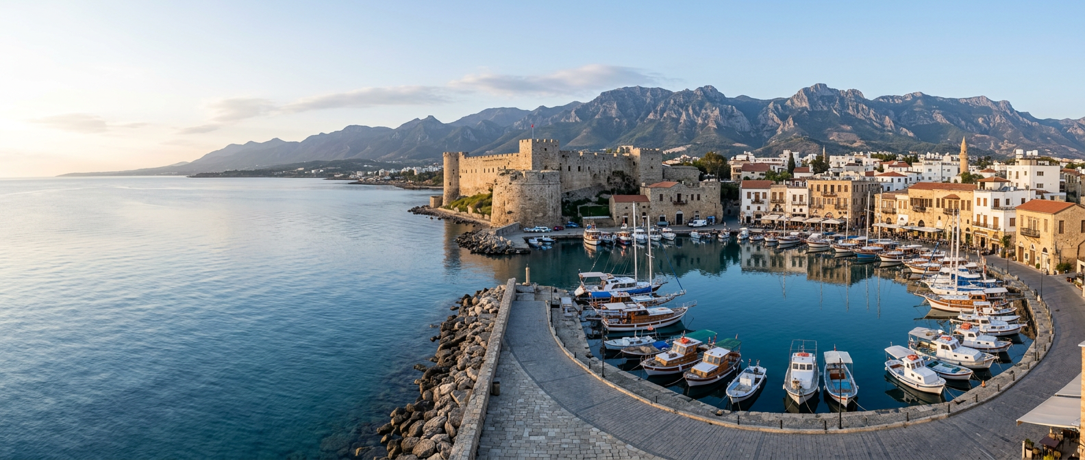 Girne limanı ve arkasında Beşparmak Dağları